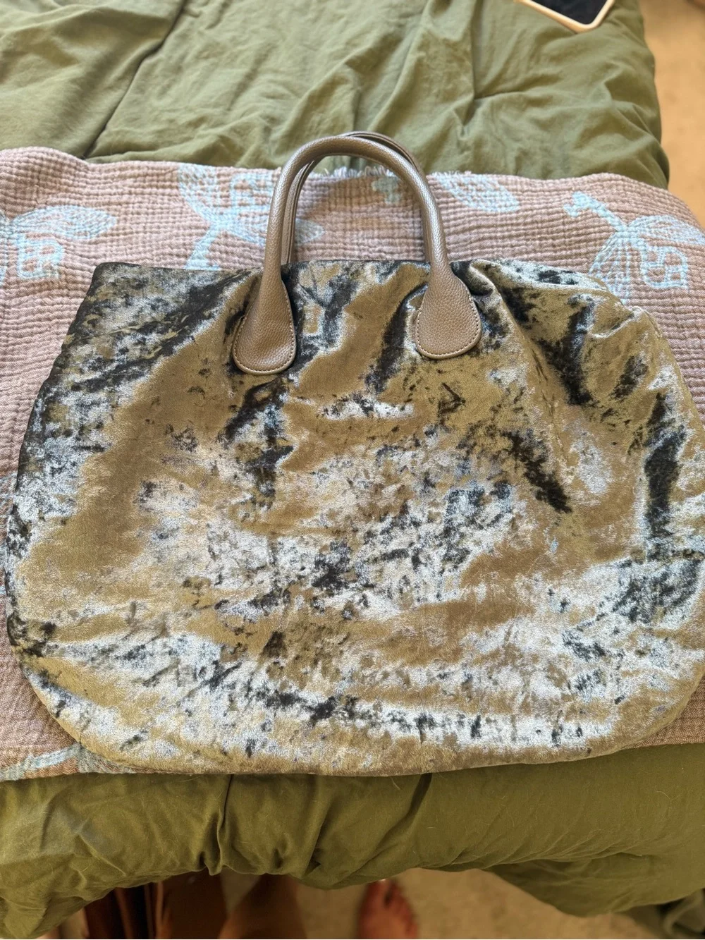 Plush Velvet Tote Bag in Olive Taupe